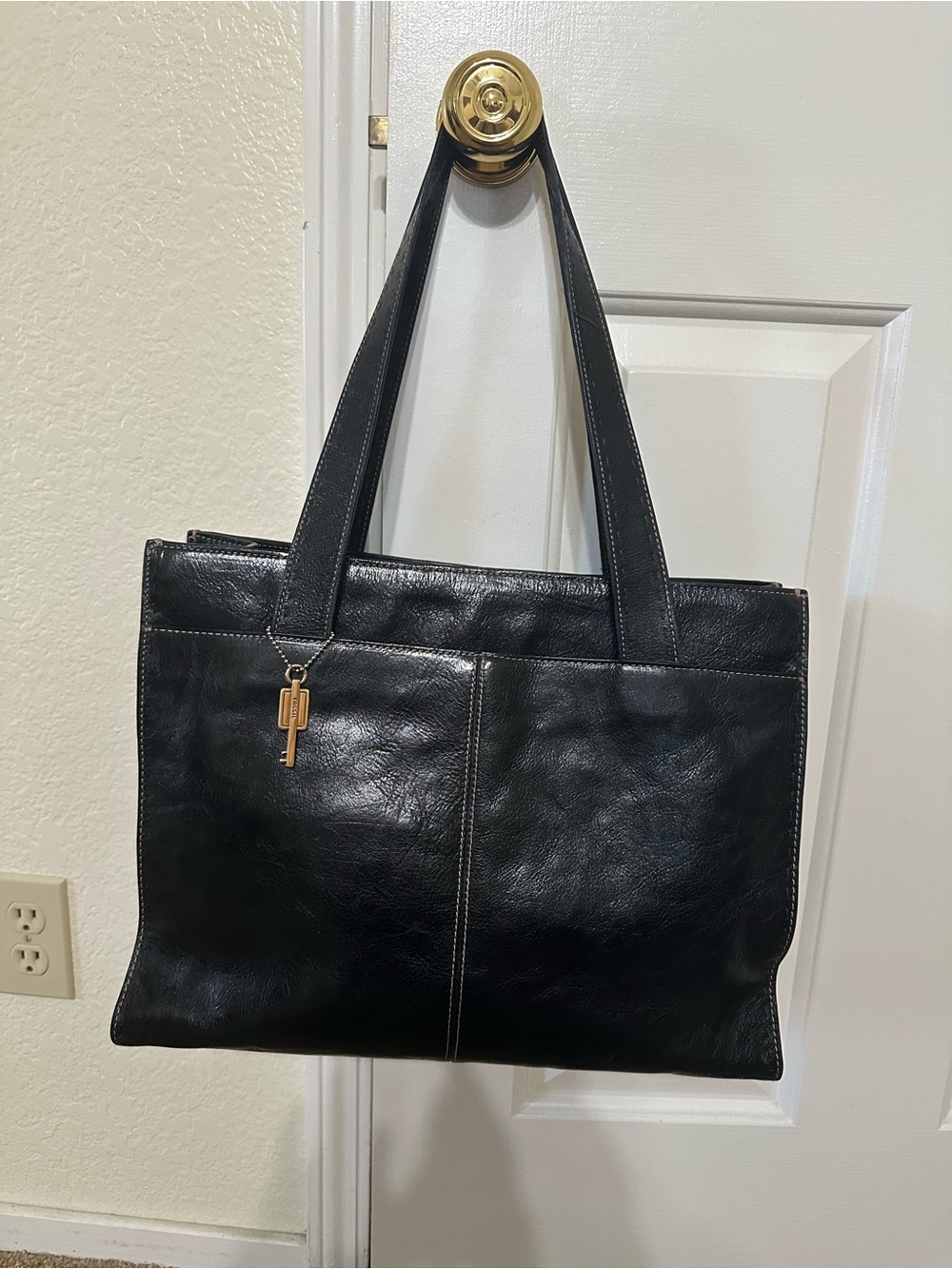 Fossil Black Leather Tote with Gold Key Charm